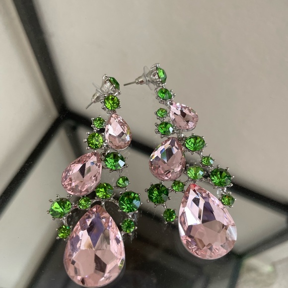 Pink and green rhinestone earrings - Picture 1 of 11